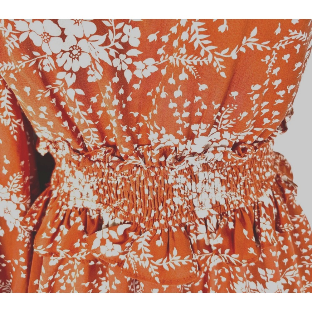 Rust Floral One Shoulder Ruffle Mini Dress Sz S Boho Romantic Cottagecore - Picture 7 of 13